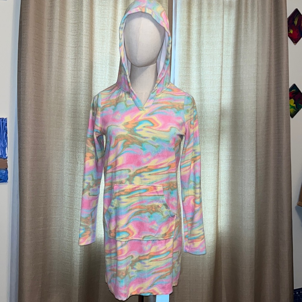 Lands End Tie Dye Hooded Pool Swim Cover Up Long Sleeve with Pocket Girls XL